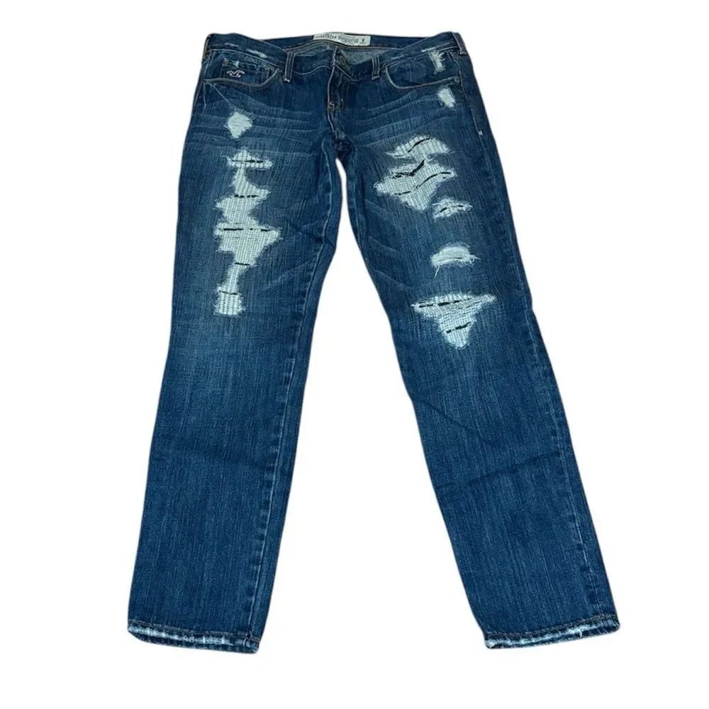 Hollister Distressed Dark Blue Straight Leg Jeans, cotton, 9